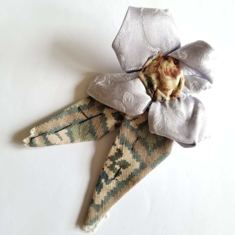 Handmade brooch fabric flower pin corsage lavender green tapestry rustic